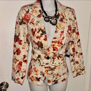 Kensie Cream Floral Print Blazer with Tailored Fit and Belted Waist